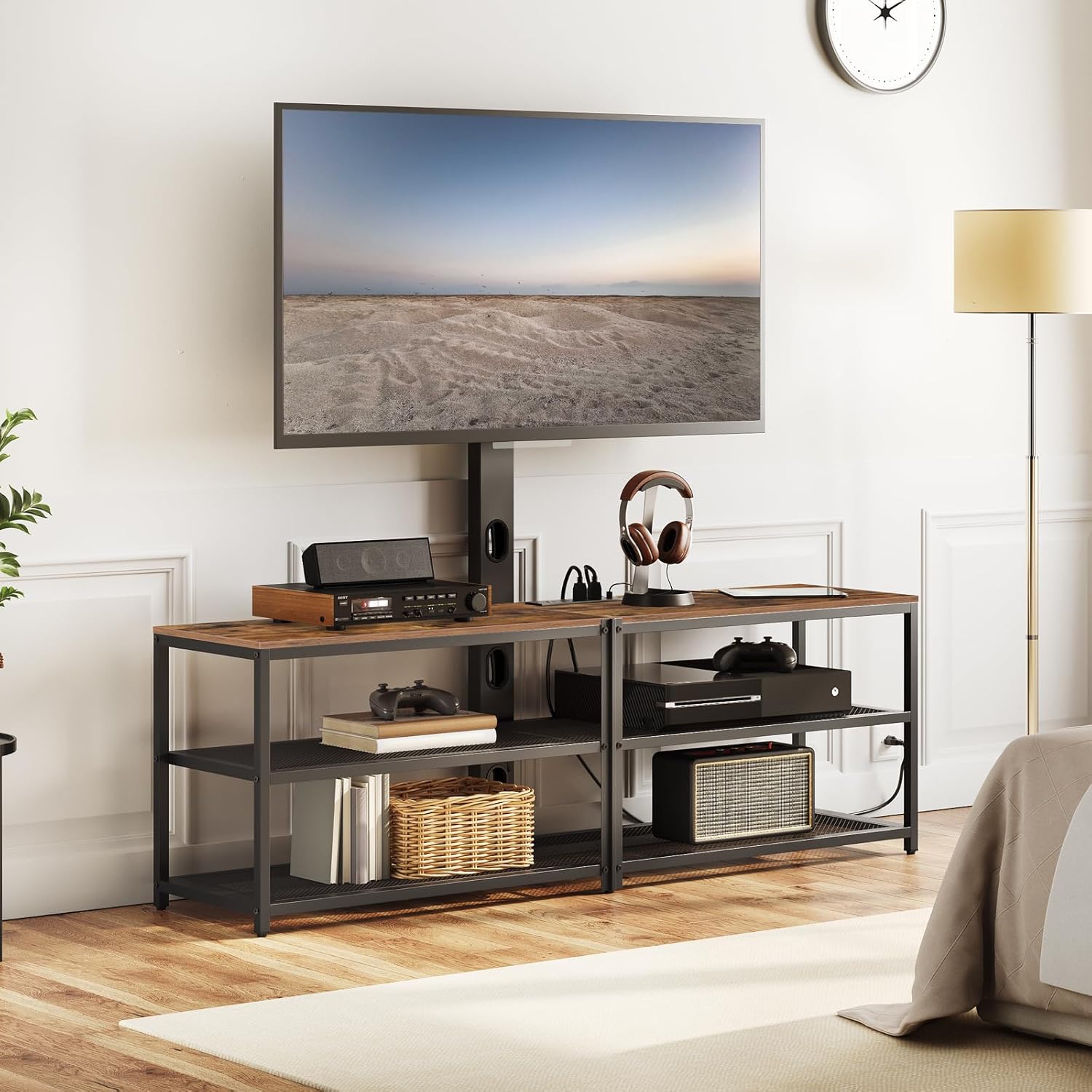 59" TV Stand with Mount and 4 Power Outlets, Entertainment Center Media Console, Swivel TV Stand Mount up to 75 inch TVs, Height Adjustable, Metal Frame for Living Room, Bedroom TVHR35E01V