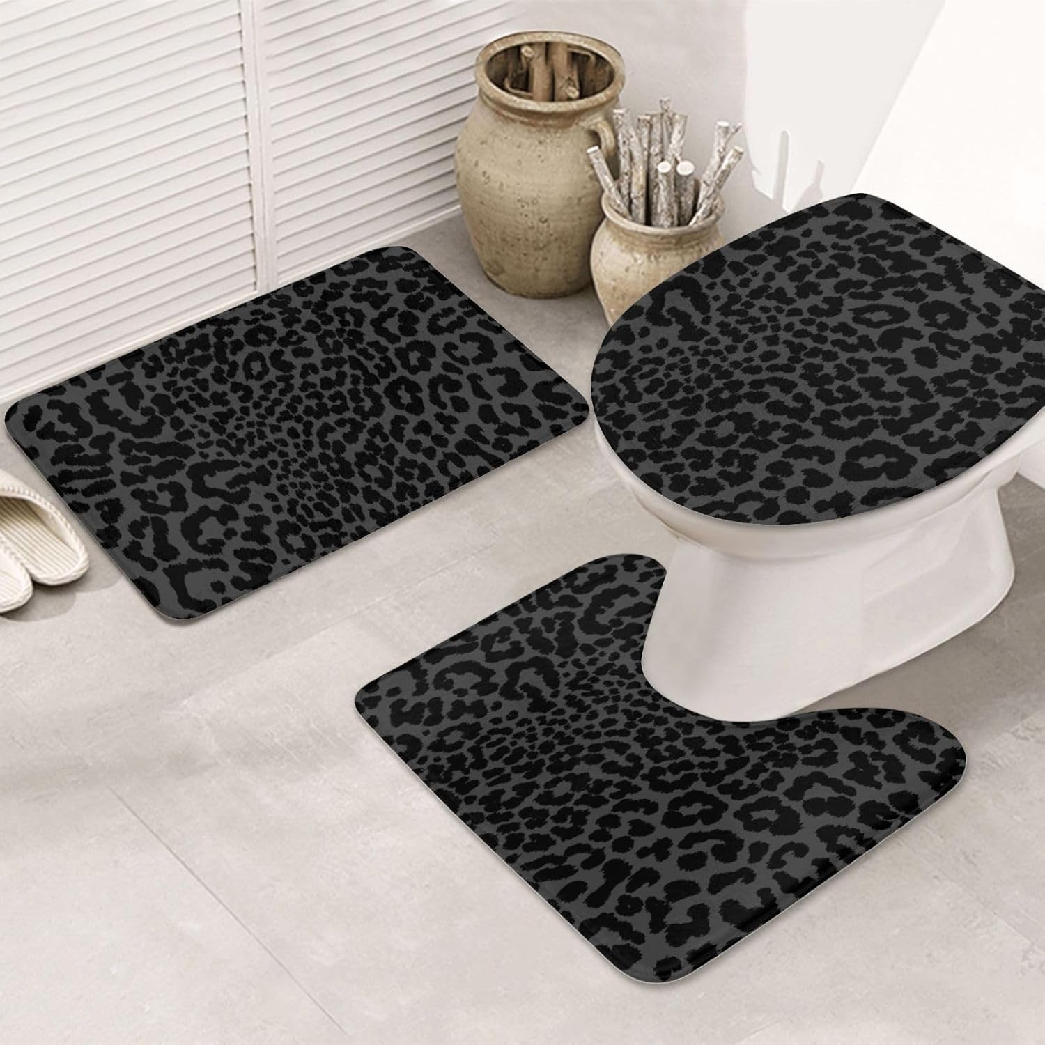 Black Leopard 3 Piece Bathroom Rugs Set, Bath Mat + Contour Mat + Toilet Seat Cover, Non-Slip Soft Microfiber Cheetah Animal Texture Bathmat for Tub Shower Room Decor