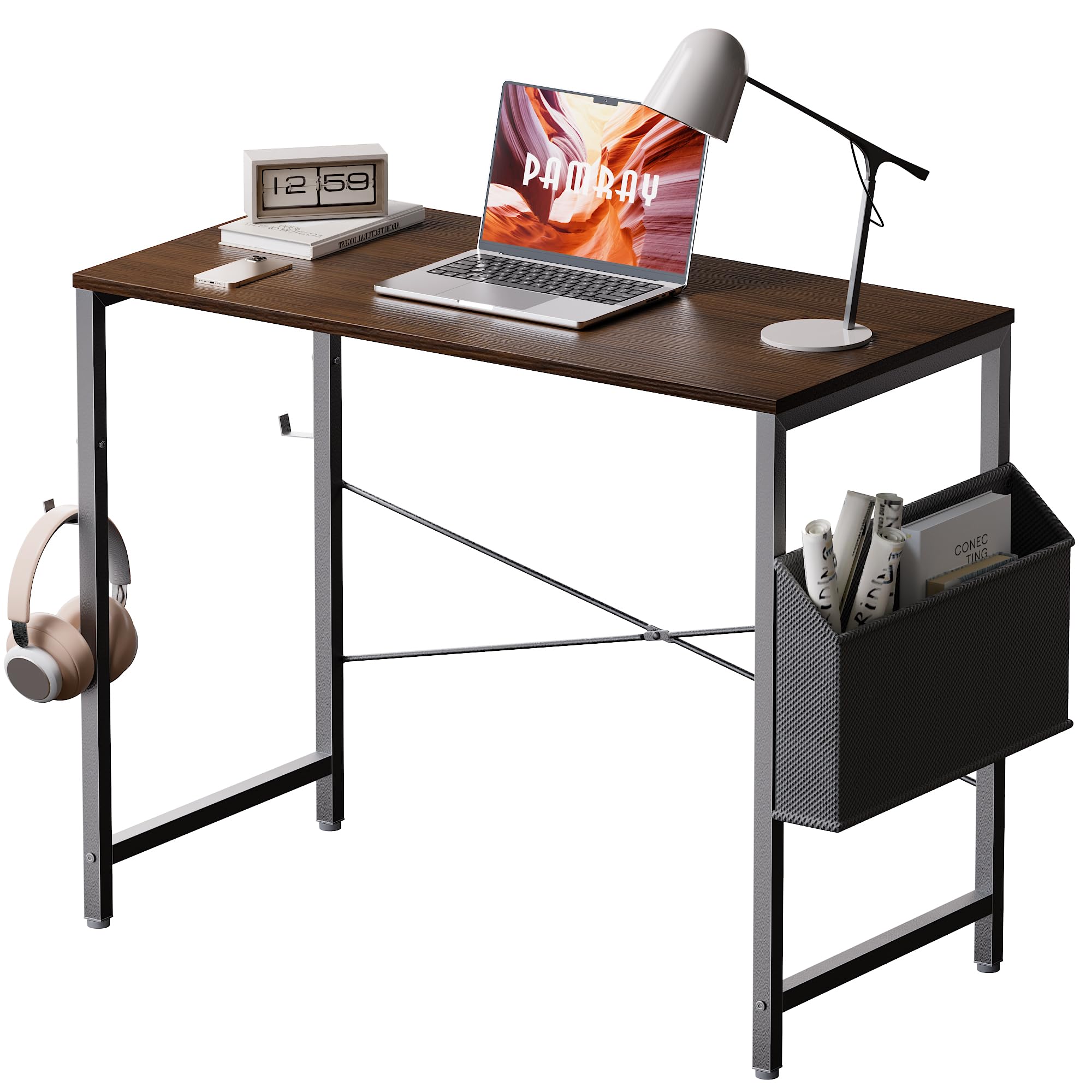 Pamray 32 Inch Small Spaces Computer Desk with Storage Bag Study Table Desk for Bedroom Writing and Work Small Home Office Desk Deep Brown