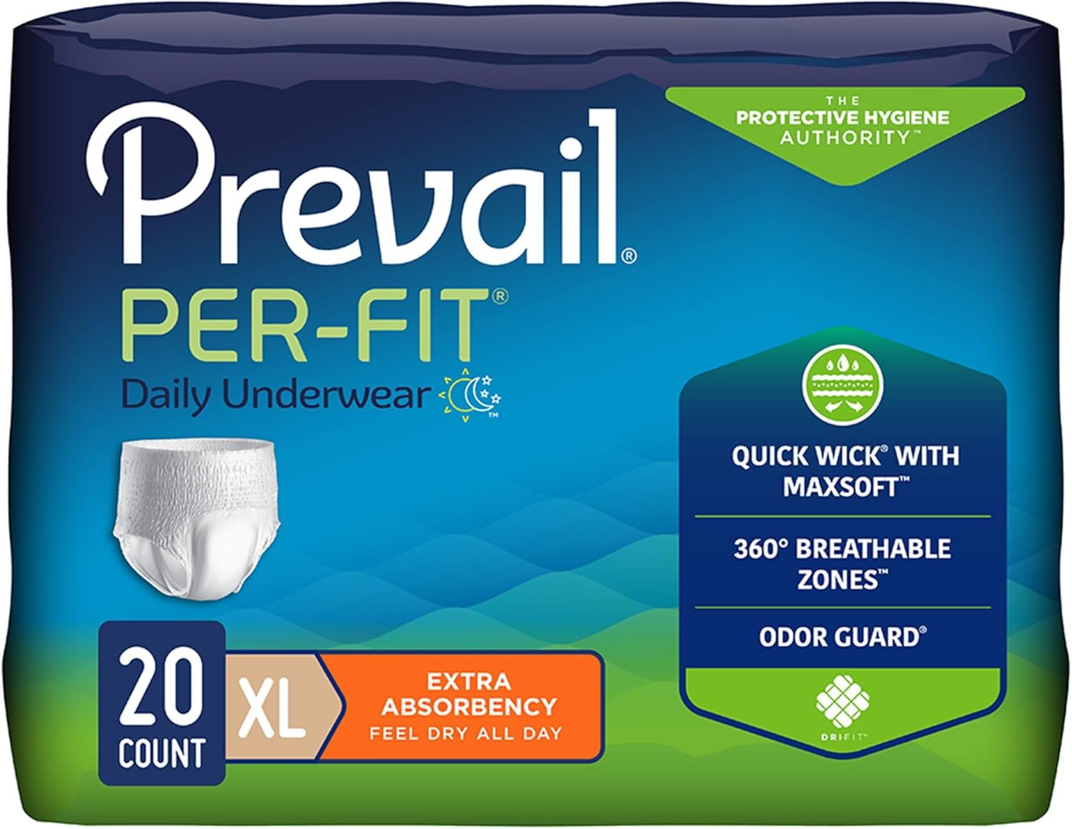 Prevail Per-Fit Daily Protective Underwear, Unisex Adult Disposable Diaper for Men & Women, Extra Absorbency, X-Large, 58""-68"" Waist, 20 Count Bag, White - Image 3