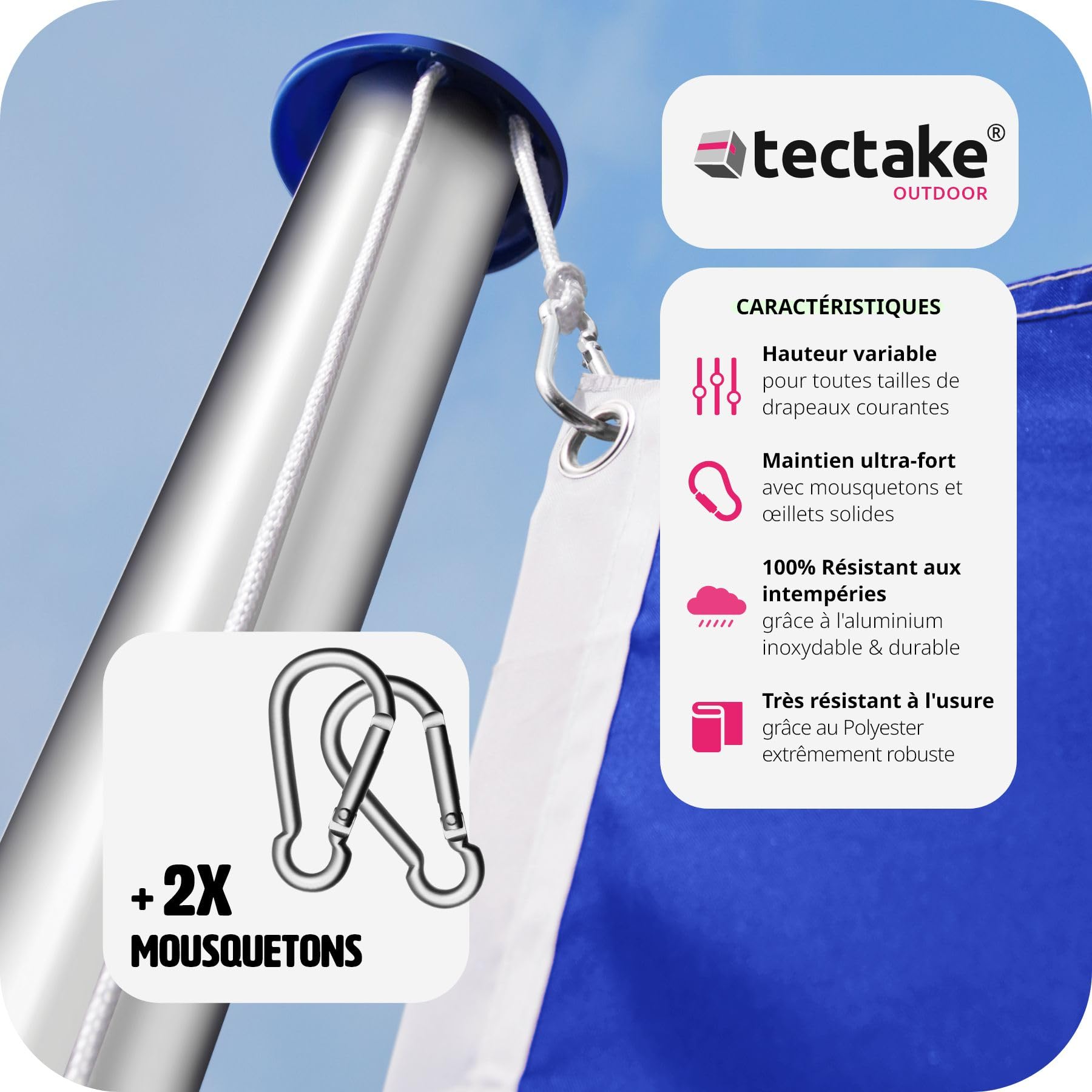 tectake® Mat de Drapeau Téléscopique en Aluminium Hauteur Réglable max. 625 cm avec Drapeau, Douille au Sol et Corde pour Évènements sportifs Football Rugby - 16 Pays au choix - Drapeau francais