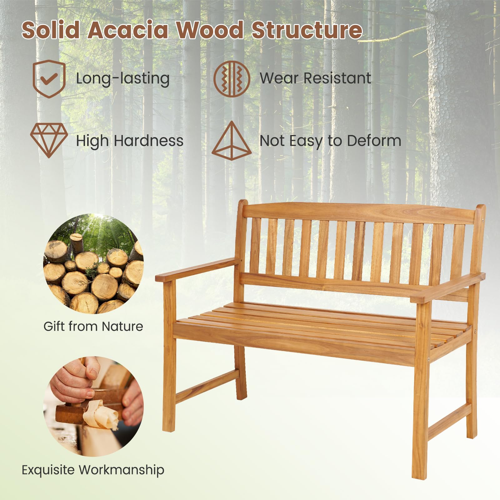 GIANTEX Panchina per 2 Persone in Legno di Acacia, Poltrona a Doghe per Esterni con Braccioli, Schienale, Struttura Robusta, Comoda Sedia per Patio, Cortile, Giardino (Modello 4)