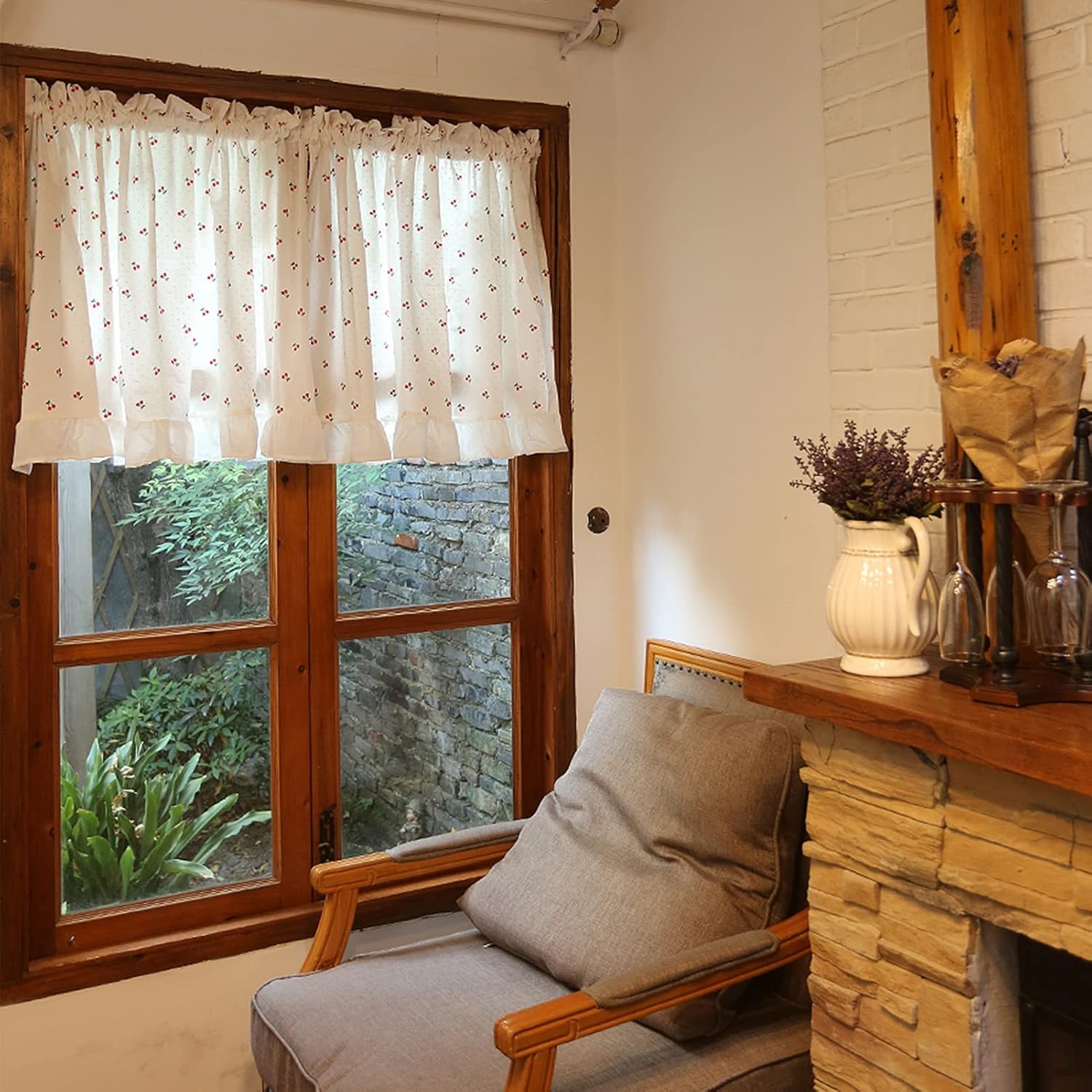 Short Kitchen Curtains, Cafe Semi Sheer Tier Curtains, White Cotton Curtain Valance cherry print Rod Pocket Rural style, for Living Room, Bathroom, Window, Cupboard ( Size : W135xH100cm/53x39.3in )