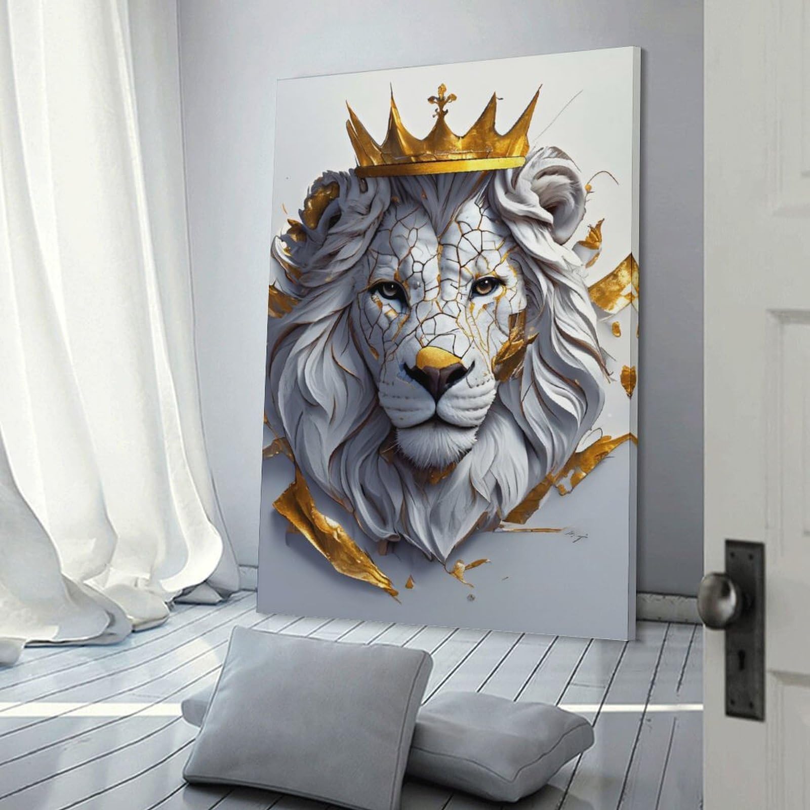 Junmoney Majestic Lion with Golden Crown Canvas Wall Decor, 20x30inch(50x75cm), for Home Walls, Creative Rooms Or Shared Spaces, Stylish Home Artwork for Focal Walls