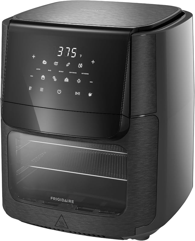 Frigidaire Horno combinado de freidora de aire 5 en 1 con ventana de visualización, gran capacidad de 12,6 cuartos de galón, pantalla digital, 5 modos de cocción, 7 recetas preestablecidas, recordatorio automático de batido, superficies de cocción sin PFAS, negro