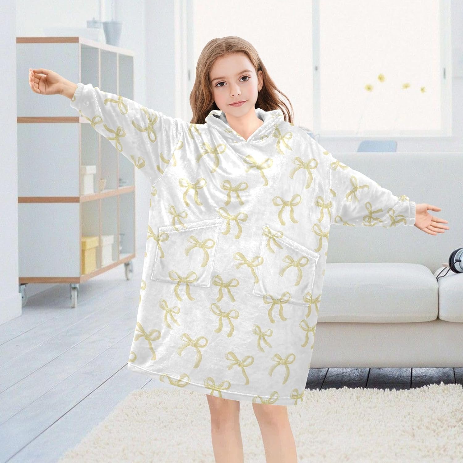 Yellow Bow Cute Pattern Wearable Blankets for Kids, Soft Warm Cozy Blanket Hoodie for Boys Girls with Pocket