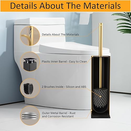 Miniatura 3 de BGL Escobilla de inodoro de pie y soporte de aluminio dorado cepillado para almacenamiento y organización de baño, diseño cuadrado resistente y