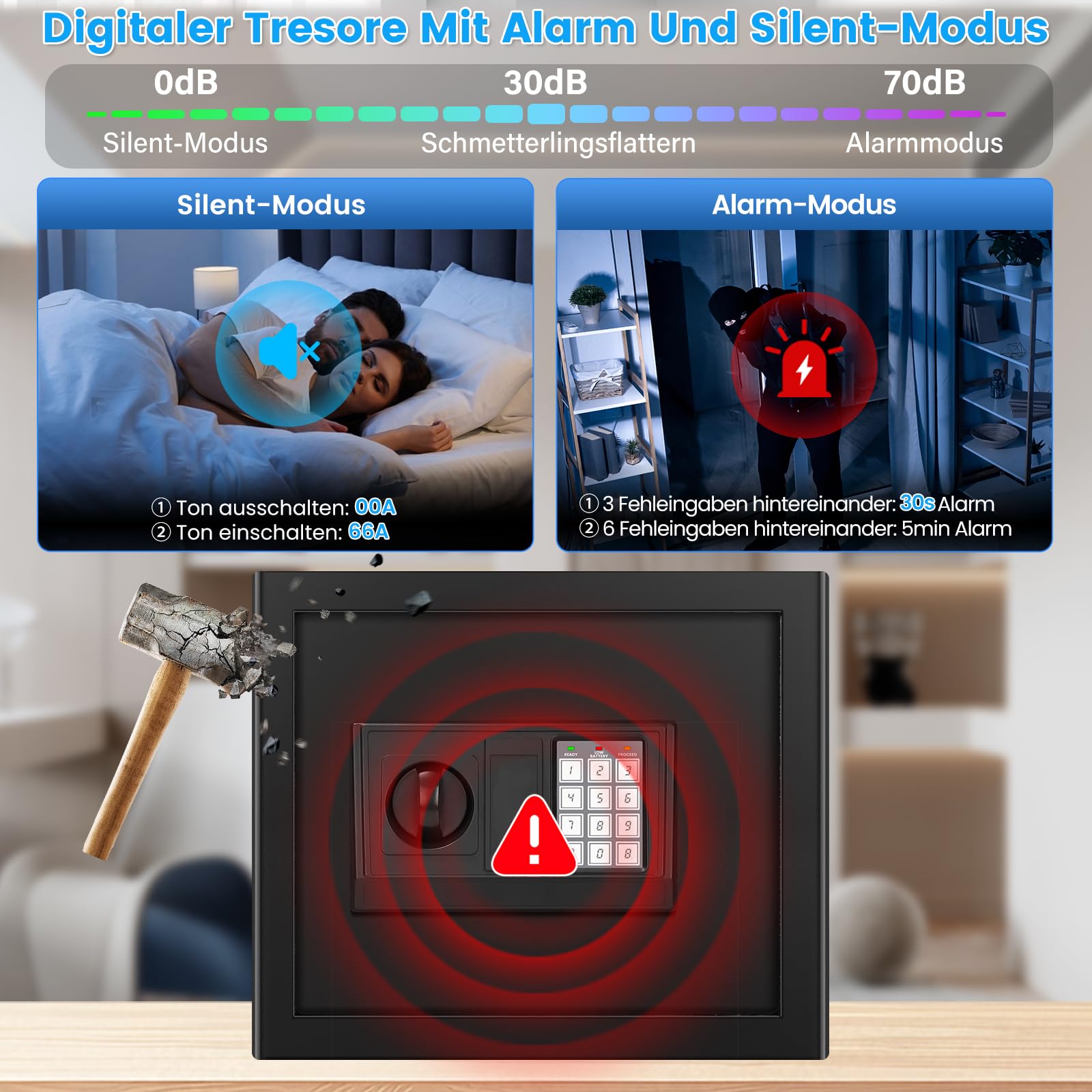 Cassaforte digitale per la casa con custodia ignifuga, cassaforte per mobili da 34 l, con ripiano rimovibile, porta USB-C, modalità allarme e modalità silenziosa, cassaforte da parete per