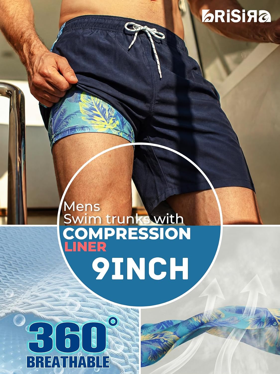 BRISIRA Mens Swim Trunks 9 Inch Long Board Shorts with Compression Liner Side&Cargo Pockets Bathing Suit Beach Quick Dry