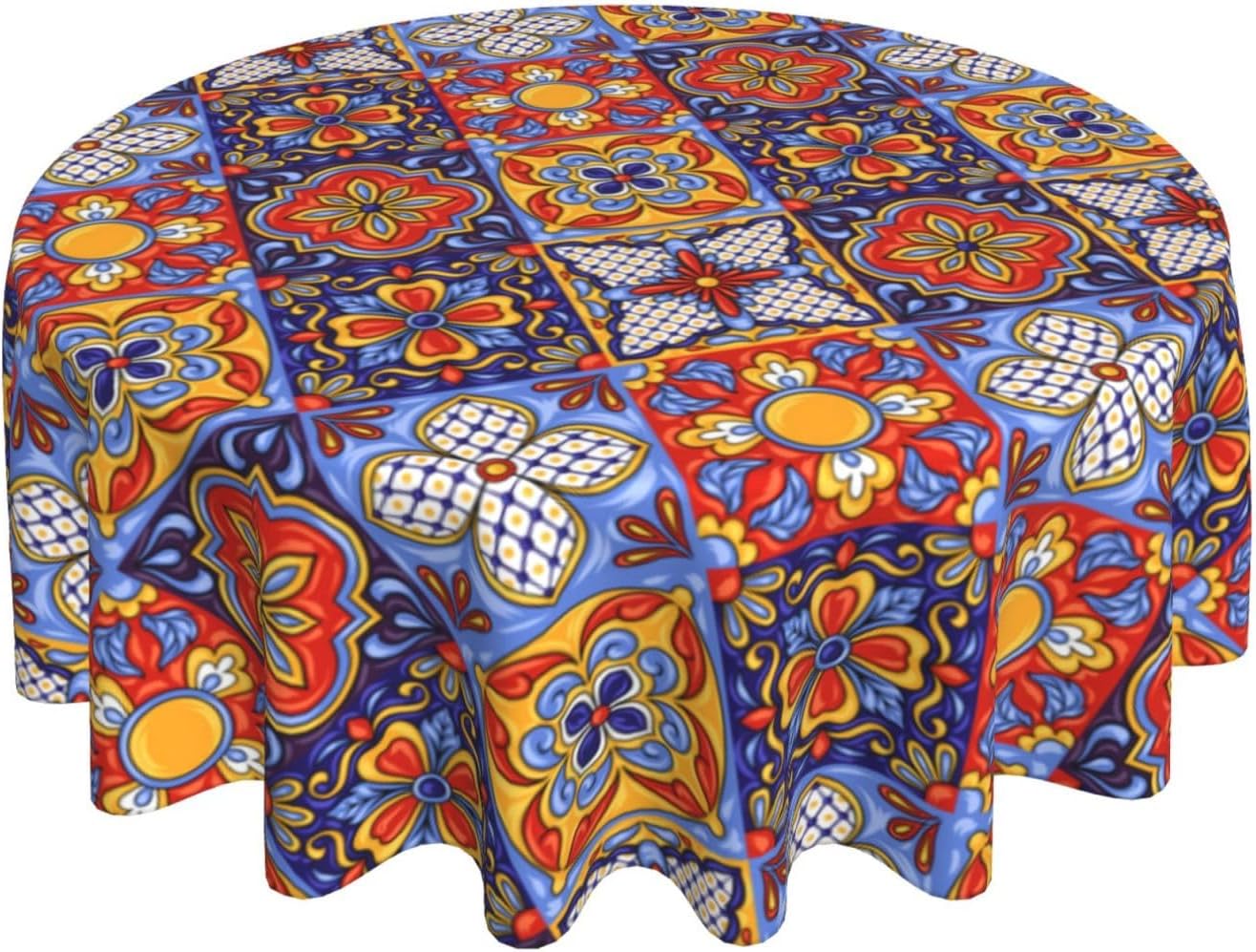 Mexican Talavera Round Tablecloth - 70 Inch Dining Table Cover - Elegant Ceramic Tile Tablecloth for Round Tables - Indoor/Outdoor