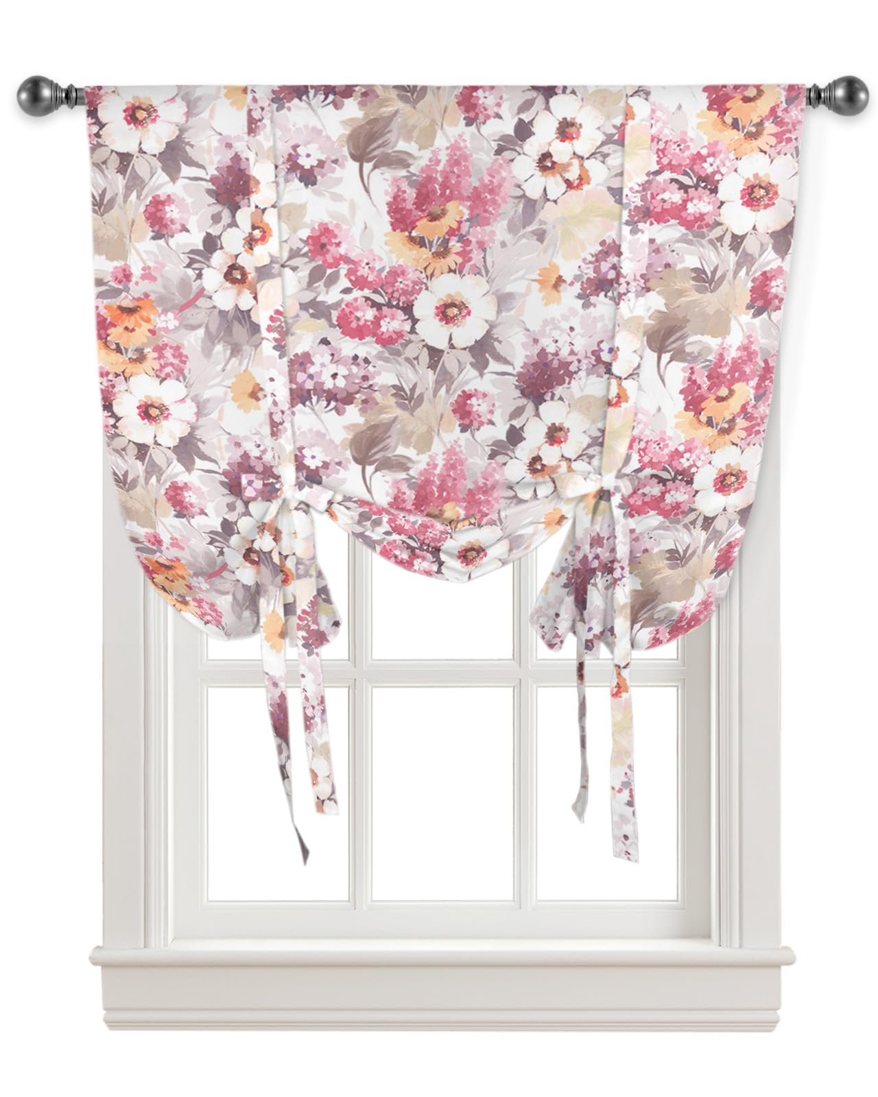 Yukro Tie Up Curtains Window Shades, Spring Pink Flower Floral Watercolor Painting Rod Pocket Tie Up Window Shade, Adjustable Balloon Curtain Shade for Blinds Kitchen Bathroom, 1 Panel, 42