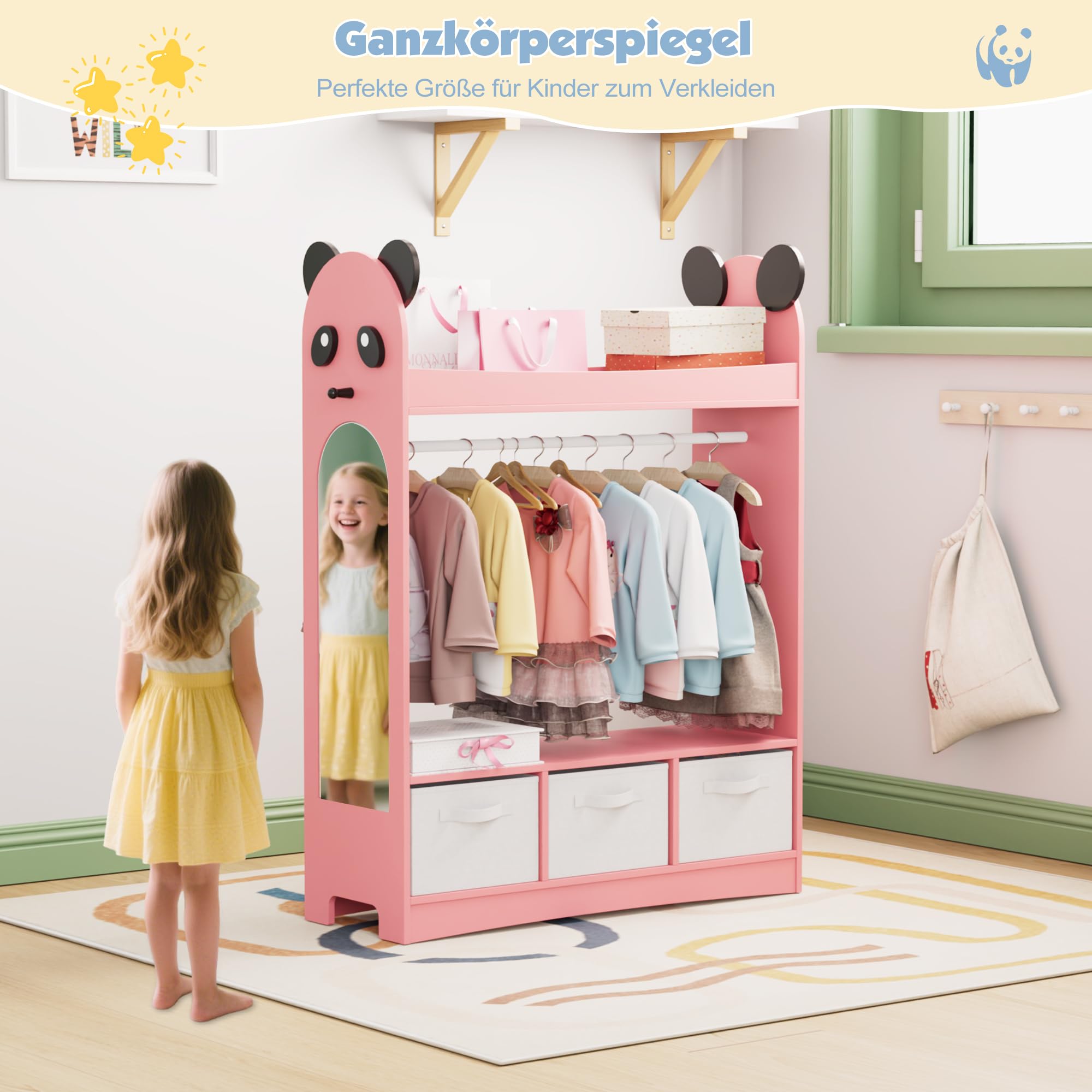 NACHES Kinder Kleiderschrank Kinderkleiderständer mit Boxen, Kleiderstange, Spiegel und Ablagen, Kindergarderobe aus Holz, Kinderregal 81 x 28 x 106,5 cm (Rosa, Panda mit 3 Schubladen)