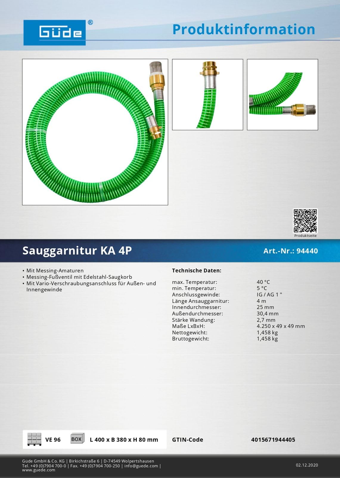Güde 94440 Sauggarnitur KA 4P (Spiral-Ansaugschlauch mit Messing-Fußventil und Edelstahl-Saugkorb, 4 m), Grau
