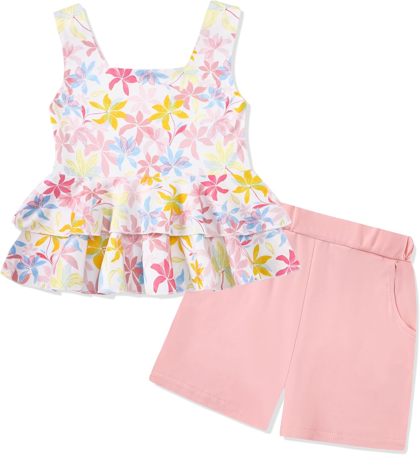 Toddler Girl Clothes Summer Outfits, Sleeveless Ruffle Hem Tank Top + Shorts 2Pcs Cute Baby Girls Clothing Set 1-5T