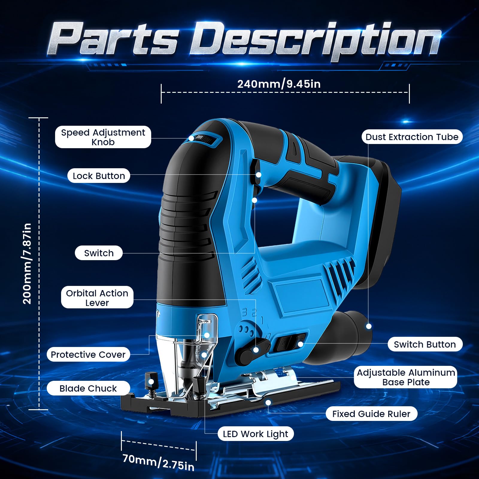 Sierra de calar con batería compatible con baterías Makita de 18 V, sierra de calar pendular con 7 velocidades, corte de inglete de ± 45°, luz LED, cambio de hoja de sierra sin herramientas, para