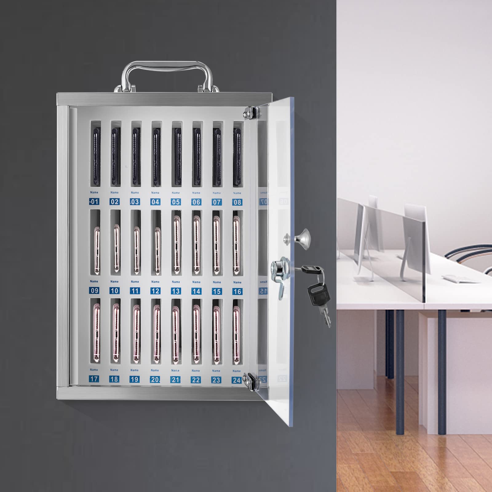 24 Slots Cell Phones Storage Cabinet Stainless Steel Cell Phone Locker for Classroom Pocket Chart Storage Locker Box with Safety Lock and Handle for Schools Classroom Office Silver