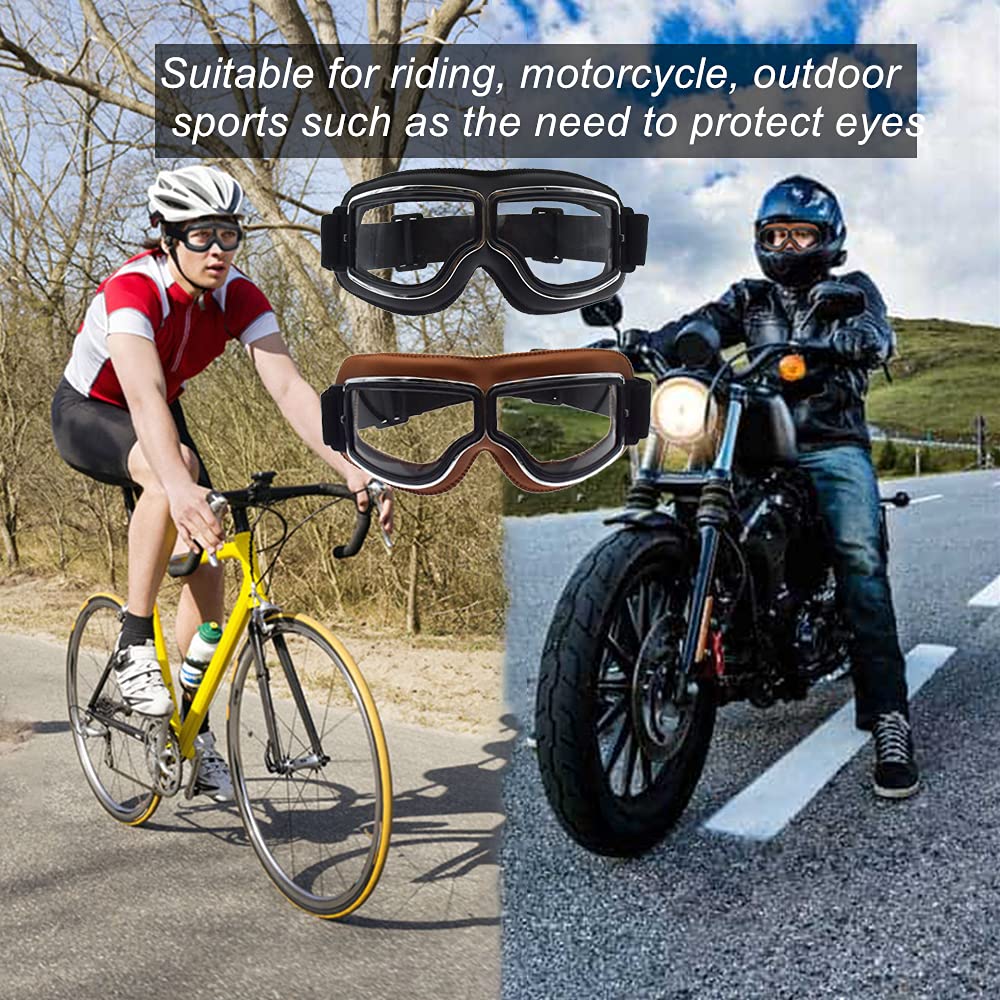 LJDJ Occhiali da moto, confezione da 2 occhiali da pilota vintage anti appannamento in pelle PU