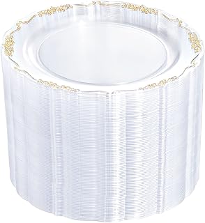 DaYammi 60PCS Clear Plastic Plates Heavy Duty Clear Disposable Plates 7.5” Fancy Gold Dessert Plates Small Cake Plates Appetizer Plates Hard Round Plastic Plates Disposable for Party Wedding Birthday
