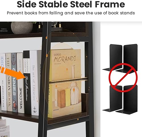 Miniatura 5 de Himimi Estantería de escalera, estantería industrial de 5 estantes, estantería de madera y metal, estante de flores para plantas, estantes de