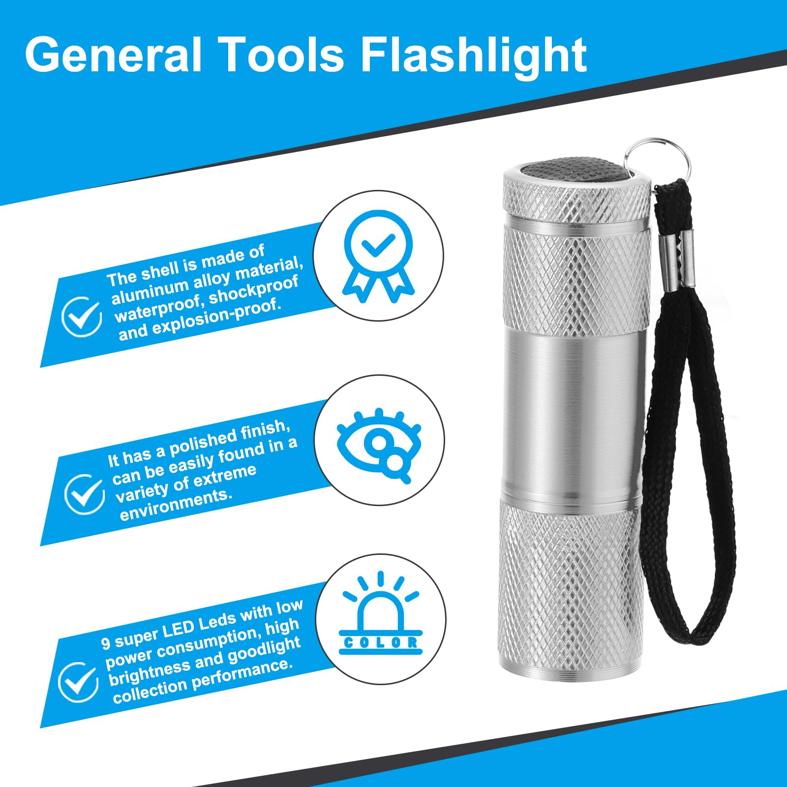 PATIKIL 9 LED Mini Flashlights, Aluminum Pocket Flashlight Torch with Lanyard for Camping Hiking, Outdoor Emergencies, Silver Tone - Image 3