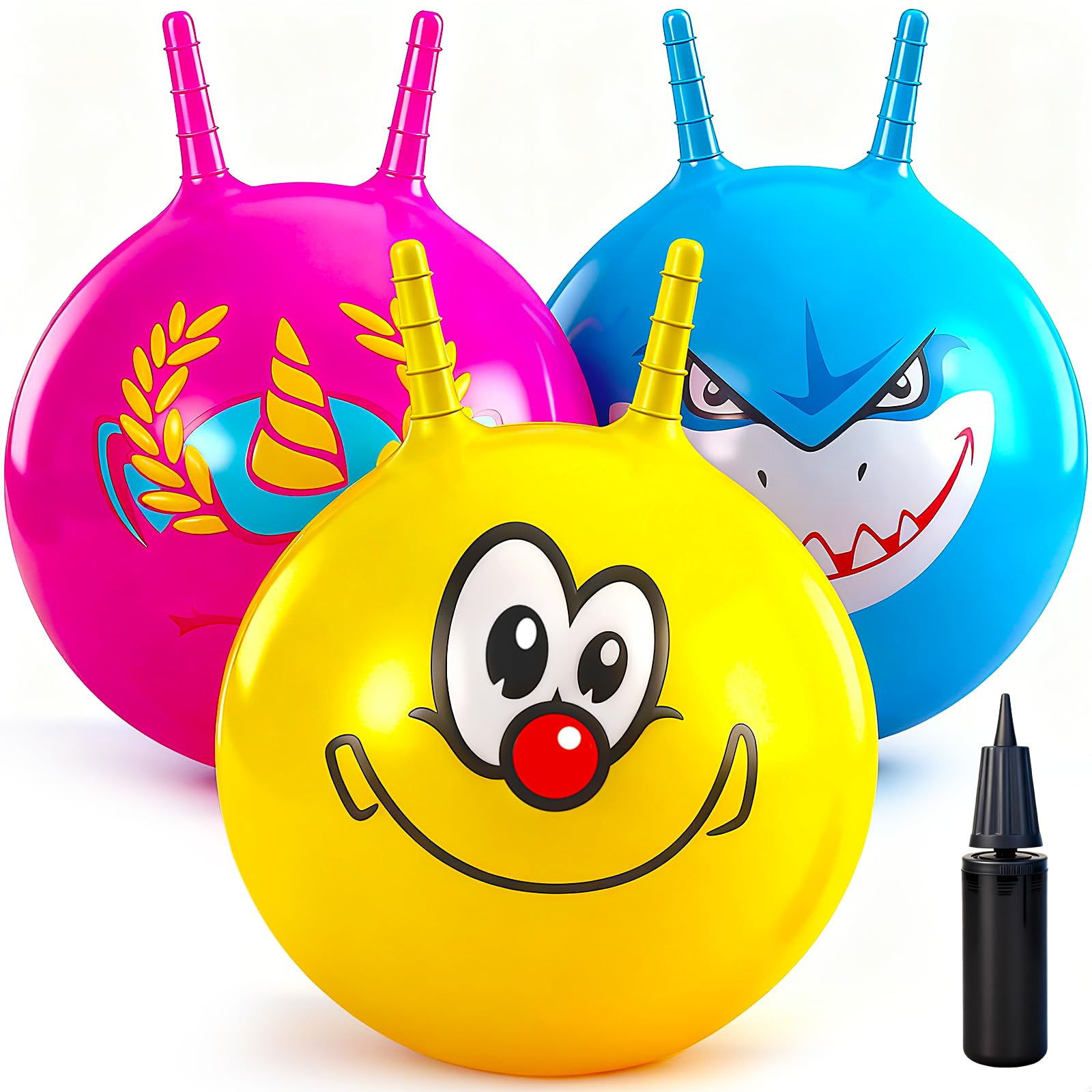 3 bolas de tolva, bola inflable con mango y bomba para niños, bolas inflables de 18 pulgadas para deportes al aire libre en interiores y juegos de salto de equilibrio (amarillo+rosa + azul)