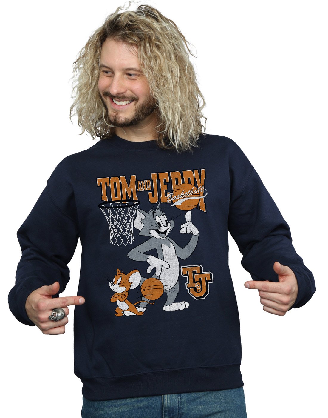 Absolute Cult Tom And Jerry Men's Spinning Basketball Sweatshirt Navy Blue XX-Large