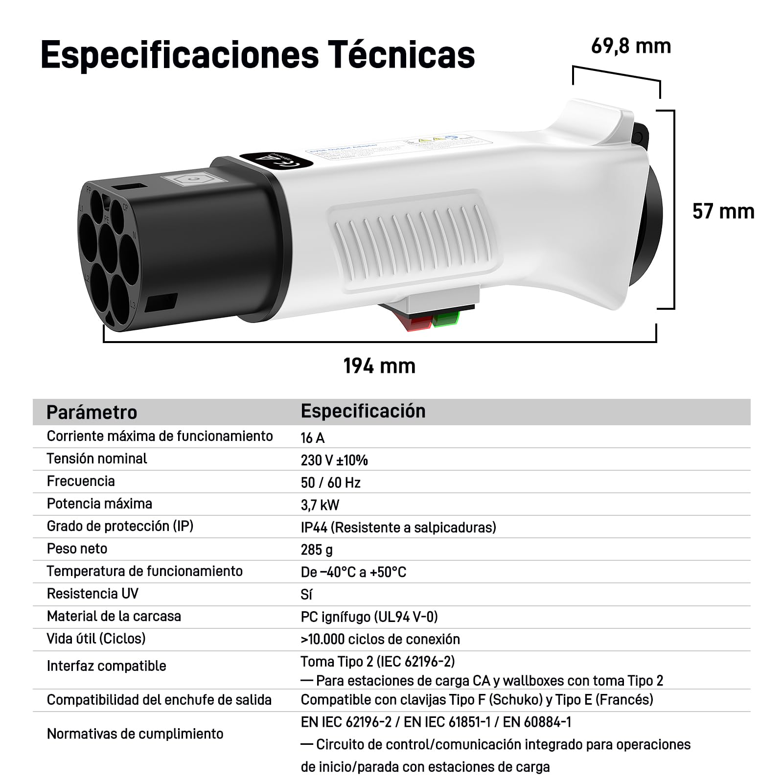 Adaptador Tipo 2 a Schuko para Estaciones de Carga & Wallbox (230V, 16A, 3.68kW, IP44) | Enchufe Tipo 2 a Toma Schuko para E-Bike, Patinete, Moto, Silla Eléctrica y Micro-EV (No para V2L)
