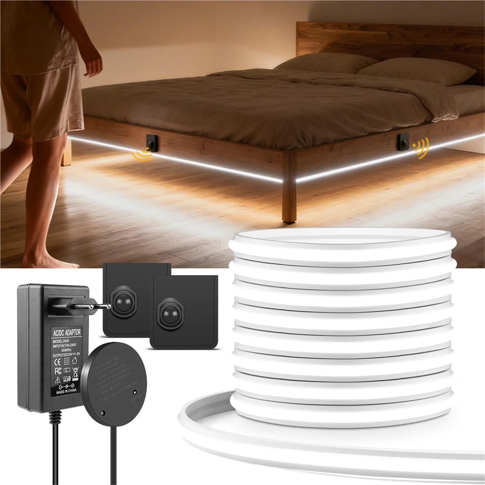 Interruptor de Sensor movimiento uno/Dual, tira luces LED neón, Control receptor inalámbrico, interruptor inteligente, luz for pasillo y escalera(Warm White,2PCS Sensor -EU,3M Kit)