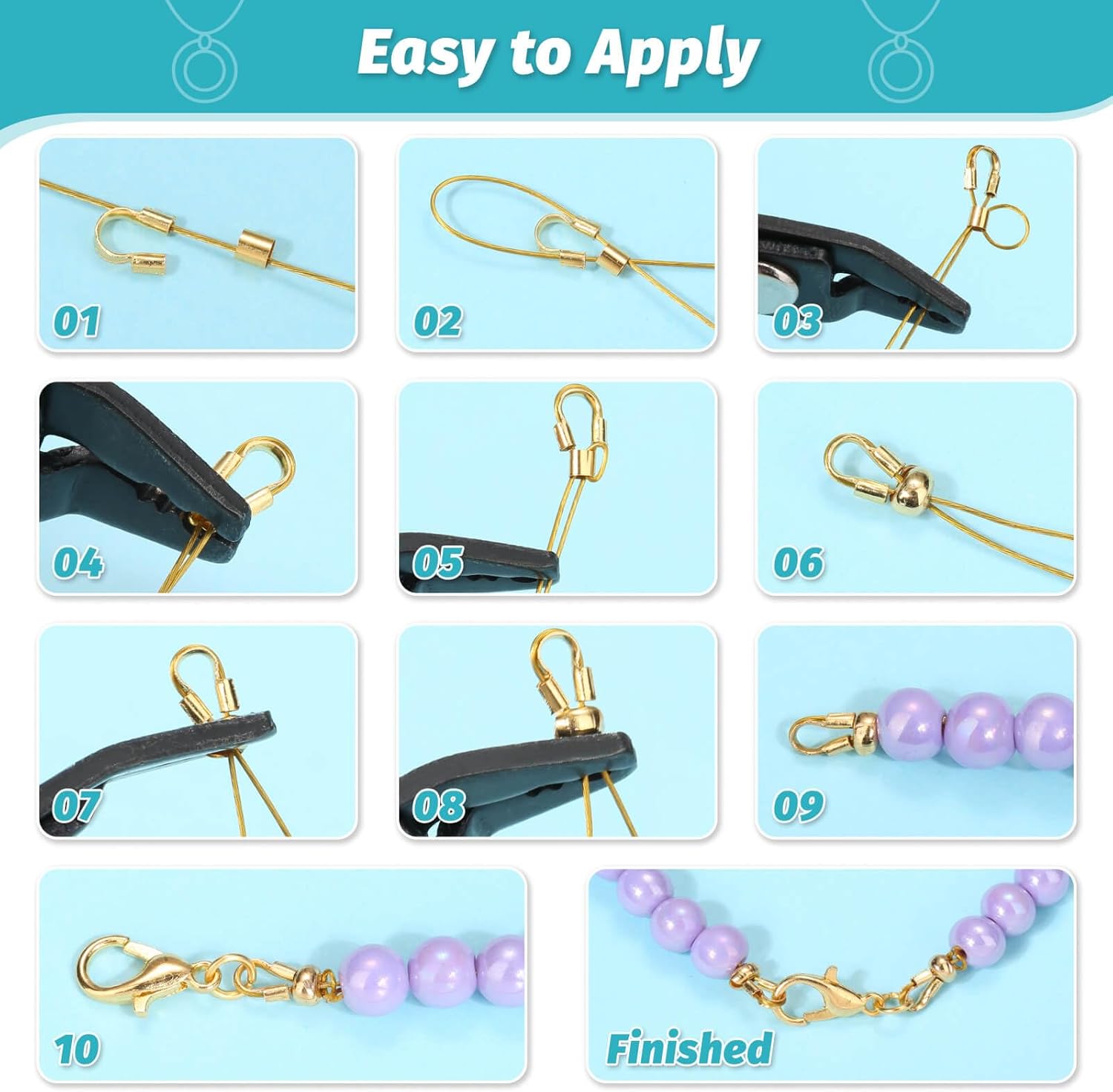 Acejoz 1200 Pcs Gold Crimp Beads Kit, Jewelry Making Supplies Include Crimp Covers, Crimp Tubes, Wire Guardians, Lobster Clasps, Jump Rings, Pliers and Beading Wire for Jewelry Making - Image 6