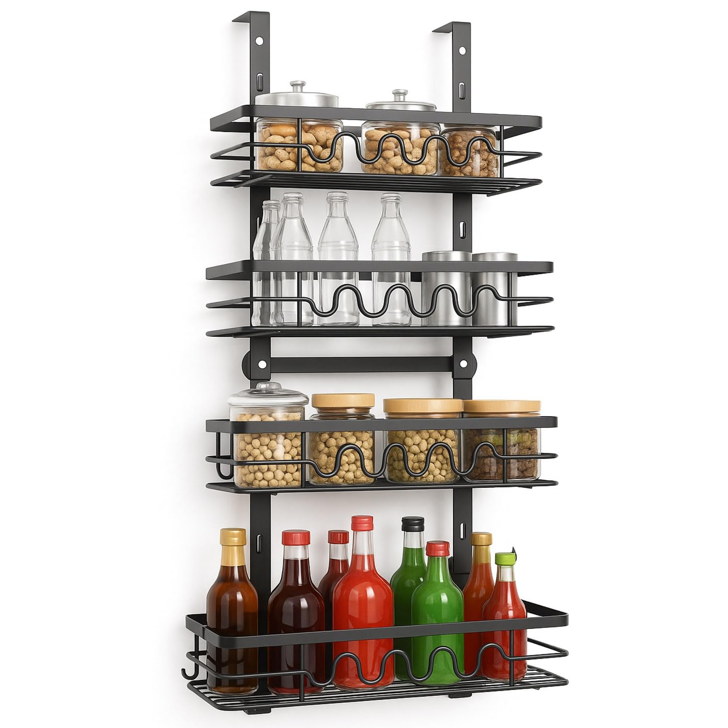 Thrink Black Over Door Pantry Organiser – 4 Tier Adjustable Storage Rack With Removable Baskets – Heavy Duty Metal Hanging Door & Wall Mount Spice Rack For Kitchen, Bathroom, Or Utility Room – Space Saving