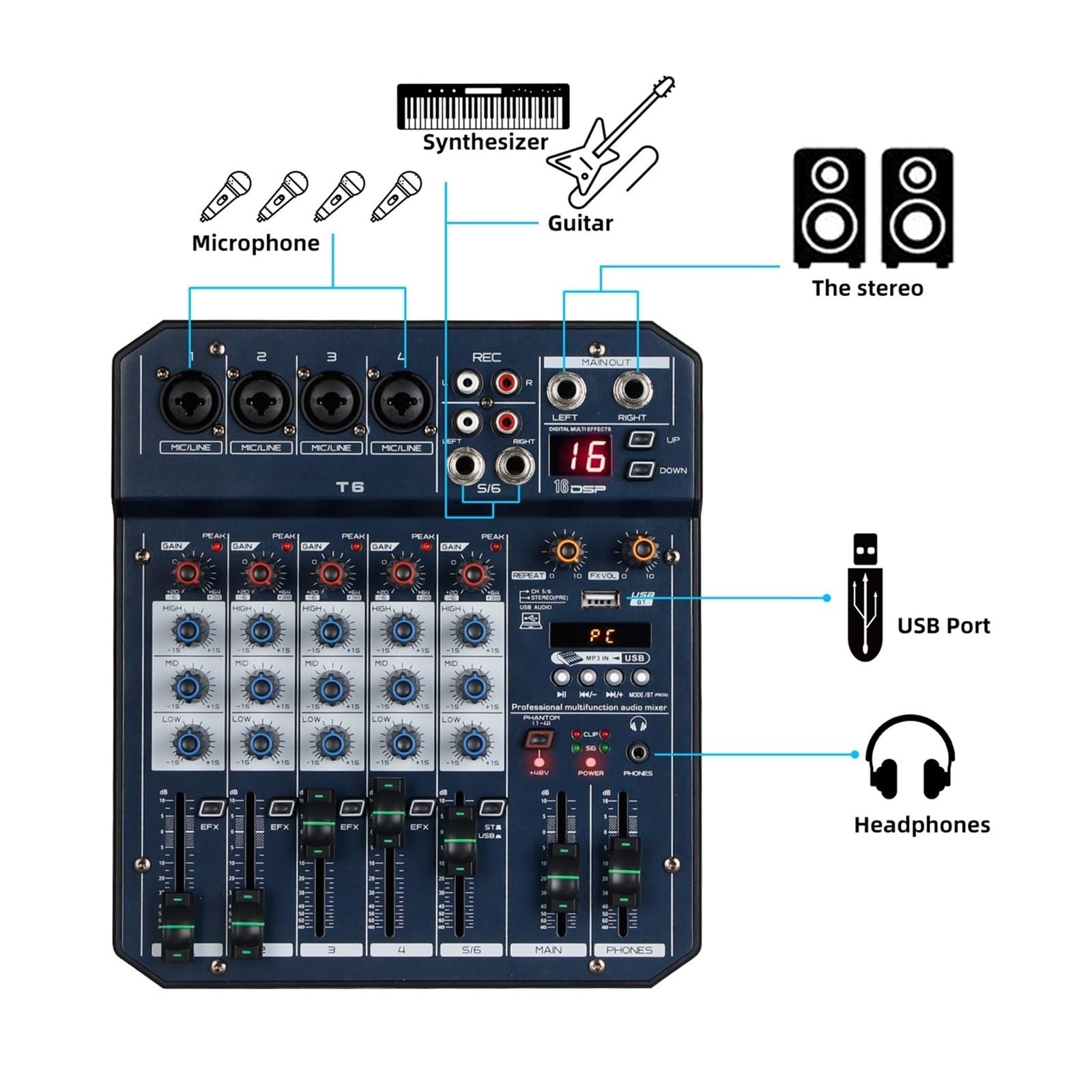 Mikser dźwięku, 6-kanałowy procesor karty dźwiękowej 16DSP interfejs kontrolera dźwięku do nagrywania i przesyłania strumieniowego na komputerze