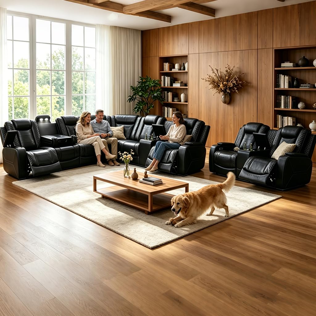 Power Reclining Sectional Sofa Set, Living Room Furniture Sets, Breathing Leather Sectional Couch and Loveseat with 4 Recliners, LED Light, USB Charging Port & Storage for House/Home Theater view 9