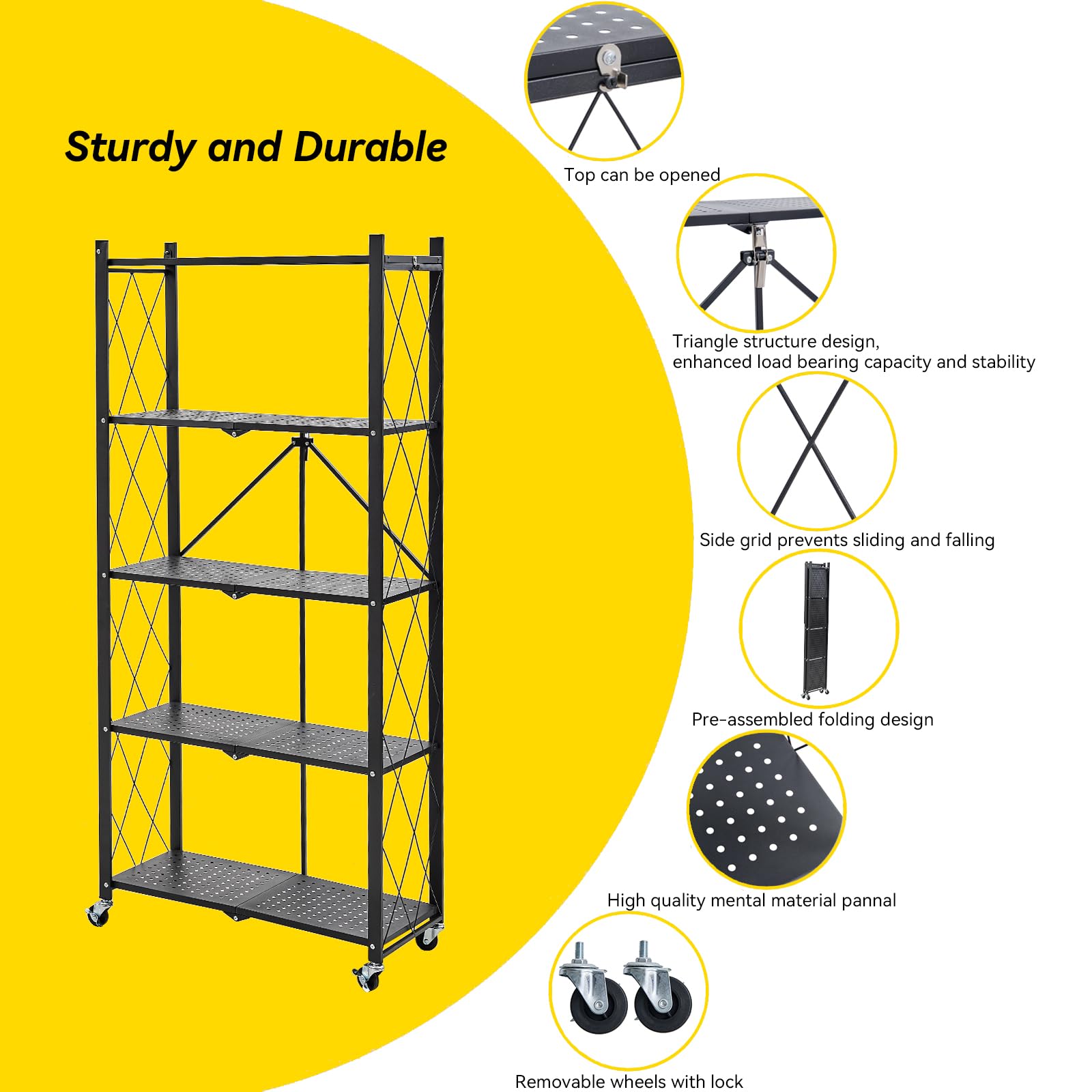 BRIAN & DANY 5-Tier Foldable Storage Shelves with Wheels, Folding Metal Rack Shelving Unit, Heavy Duty No Assembly Organizer Shelf for Garage, Kitchen, Basement, Pantry, Black