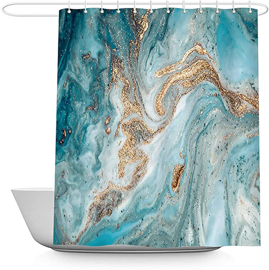 KASTWAVEShower Curtains, Blue Bathroom Decor Set Marble Texture Bathroom Curtain Golden Turquoise Fashion Artwork Contemporary Bathroom Fabric Lush Durable Bathtub Decor with 12 Hooks, 180 x 180 cm
