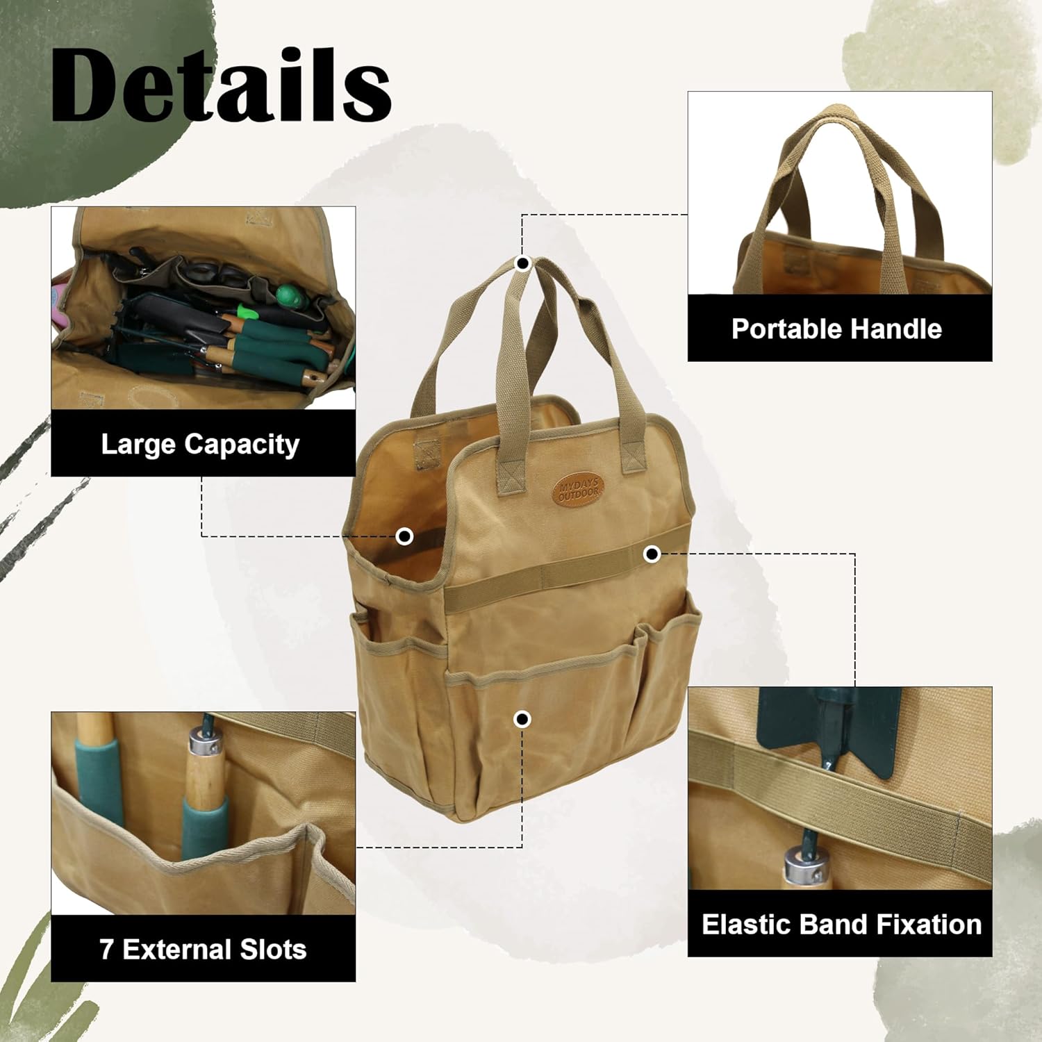 Waxed Canvas Utility Tote Bag, Large Capacity Multi-Pocket Garden Tool Bag, Heavy Duty Waterproof Work Tote for Camping, Gardening, Organizer Storage Bag for Men Women (Khaki)