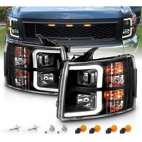 AmeriLite For 2007-2013 Chevy Silverado 1500/07-14 2500HD 3500HD Led, Halogen, Tube Quad Projector Car Headlights Assembly Set - Passenger and Driver Side, Vehicle Light Assembly, Black