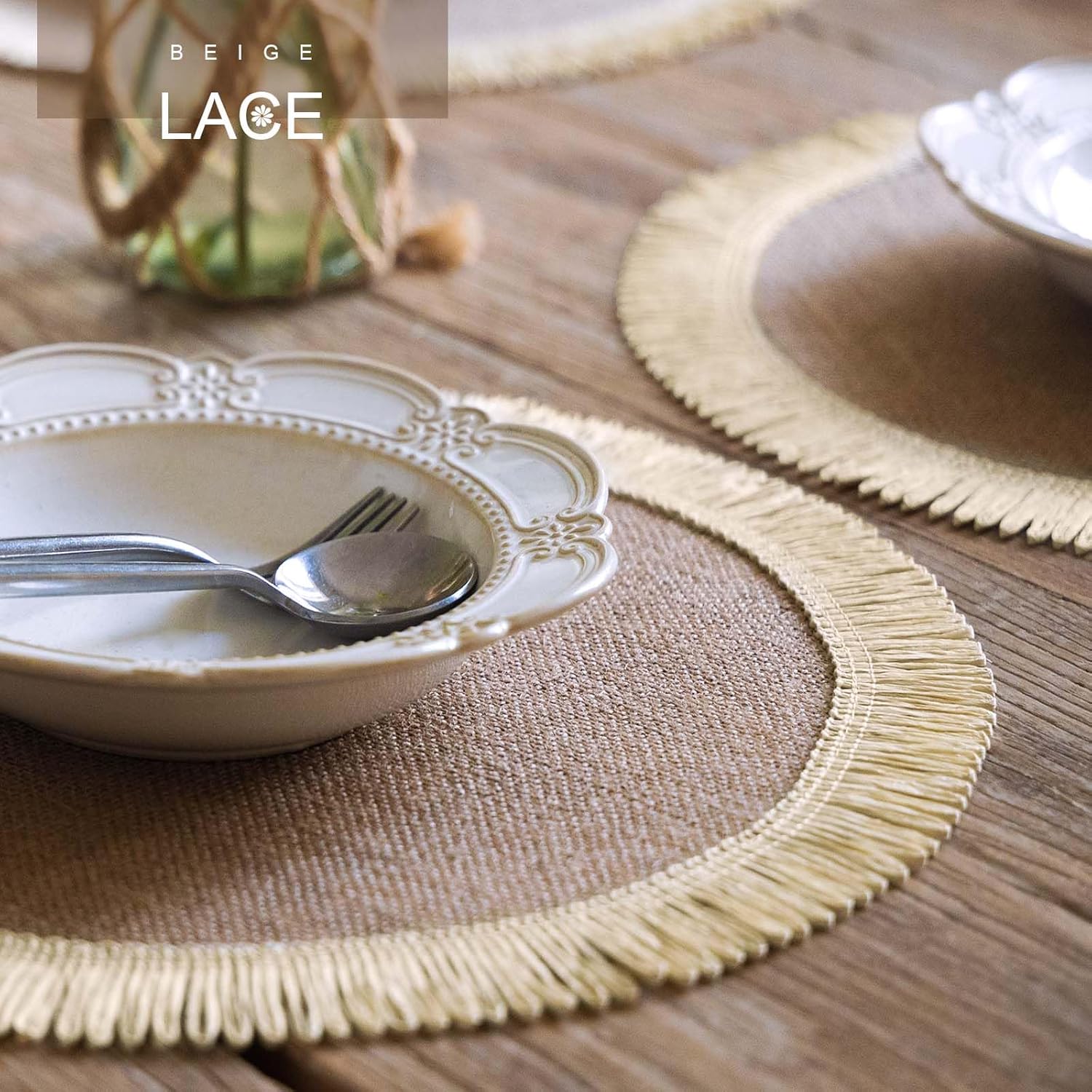 FunWheat  Round Jute Placemats Set of 6  Braided Burlap Table Mats for Dining Table, Heat Resistant Farmhouse Woven Placemats for Fall Farmhouse Decor (Coarse-Edged Sunflower)