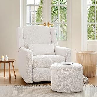 Power Recliner Chair Swivel Gilder Rocking Chairs Skin-Friendly Power Recliner Nursery Chair for Adults with Waist Pillow, USB Charging, Ottoman (Beige, Recliner Chair with Ottoman)