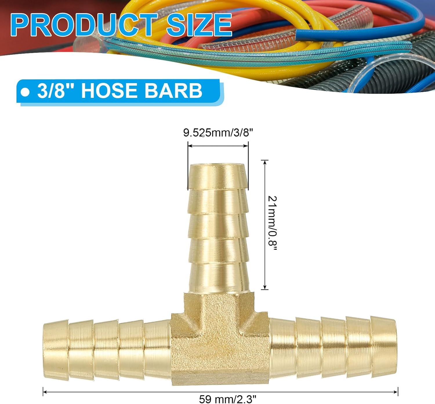 3/8" Barb Tee Fitting, 3 Way Union T-Shaped Brass Hose Barbed Fittings Intersection for Water Fuel Air Oil Gas