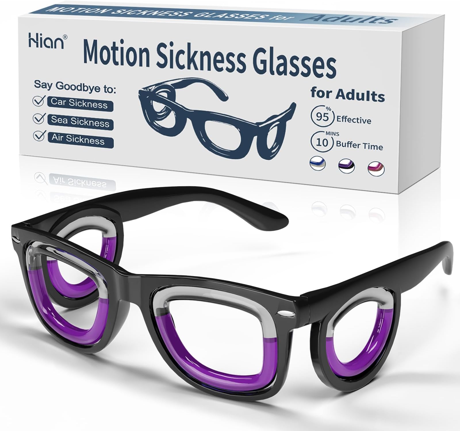 Hion Adult Anti- Motion Sickness Smart Glasses, Ultra-Light Portable Nausea Relief Liquid Glasses, Carsickness Airsickness Seasickness Glasses, Kids Travel/Cruise Essentials（Black