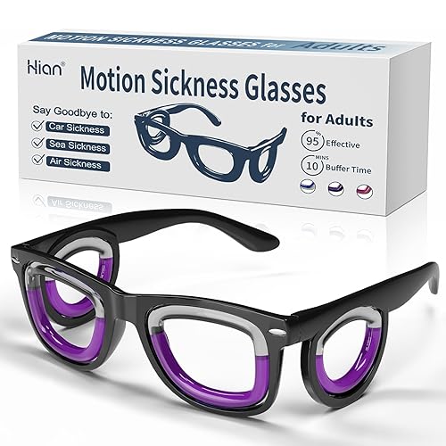 Hion Adult Anti- Motion Sickness Smart Glasses, Ultra-Light Portable Nausea Relief Liquid Glasses, Carsickness Airsickness Seasickness Glasses, Kids Travel/Cruise Essentials（Black - B1-black - Adult