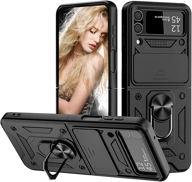 Giolus Case for Samsung Galaxy Z Flip 4 5G with Slide Camera Cover, 360° Ring Kickstand Full Protection Rugged Armor Shockproof Phone Case Silicone Protective Cover, Black