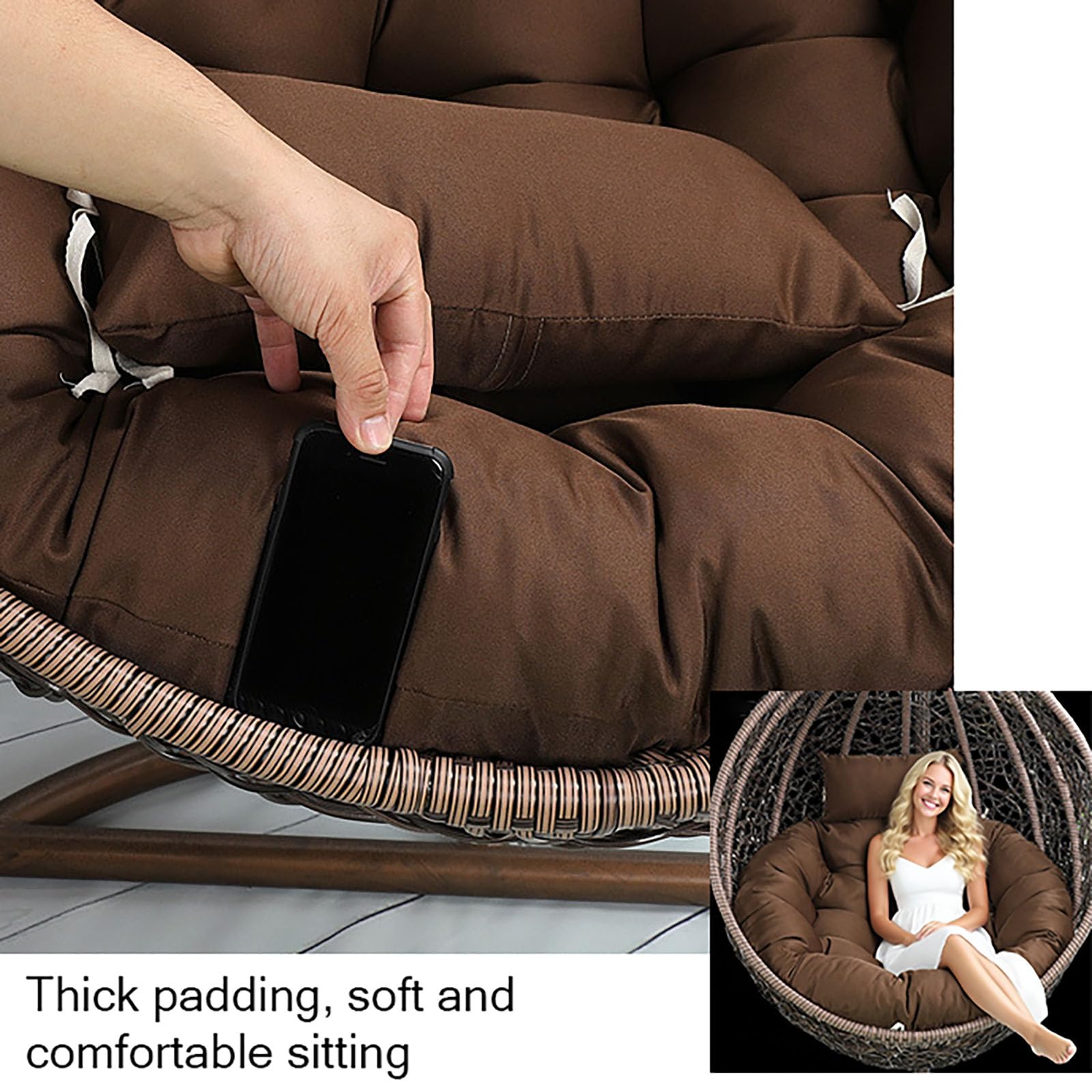 Generisch Kissen für Hängesessel Outdoor, Auflage für Hängeschaukel, Wasserdichter Sitzkissen Waschbar Schaukelstuhl Hängestuhl Sitzauflage Korb-Stuhl-Kissen für Terrasse, Garten,Grau,100cm