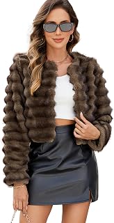 FIOPHY Women's Faux Fur Cropped Jacket - Fluffy Long Sleeve Open Front Winter Coat with Pockets, Warm Fuzzy Outwear