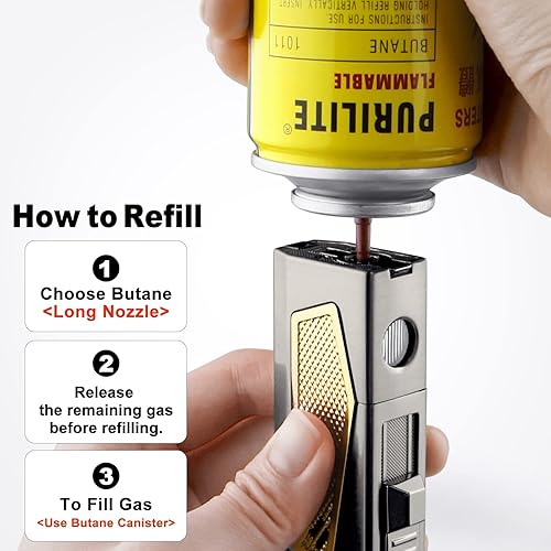 Miniatura 4 de Encendedor de puros con soporte de cigarros en la parte superior Cuatro llama butano recargable encendedor de cigarros con punzón (negro)