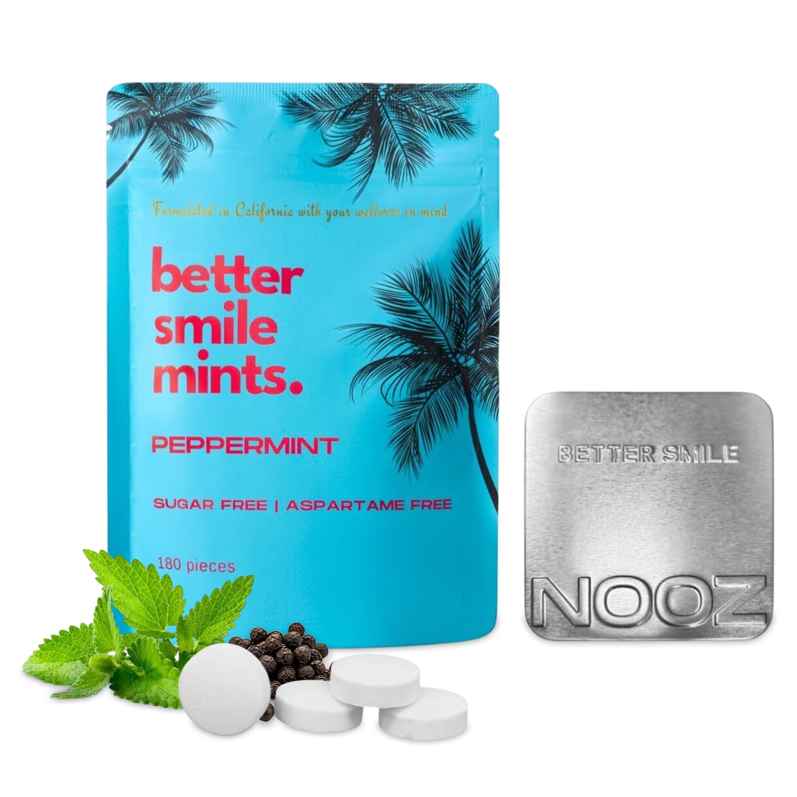 NOOZ Better Smile Mints – 180 Count | Oral Health &amp; Fresh Breath Support | Gum &amp; Teeth Care, pH Balance | Sugar-Free, Aspartame-Free | Peppermint Flavor | Includes Premium Refillable Tin