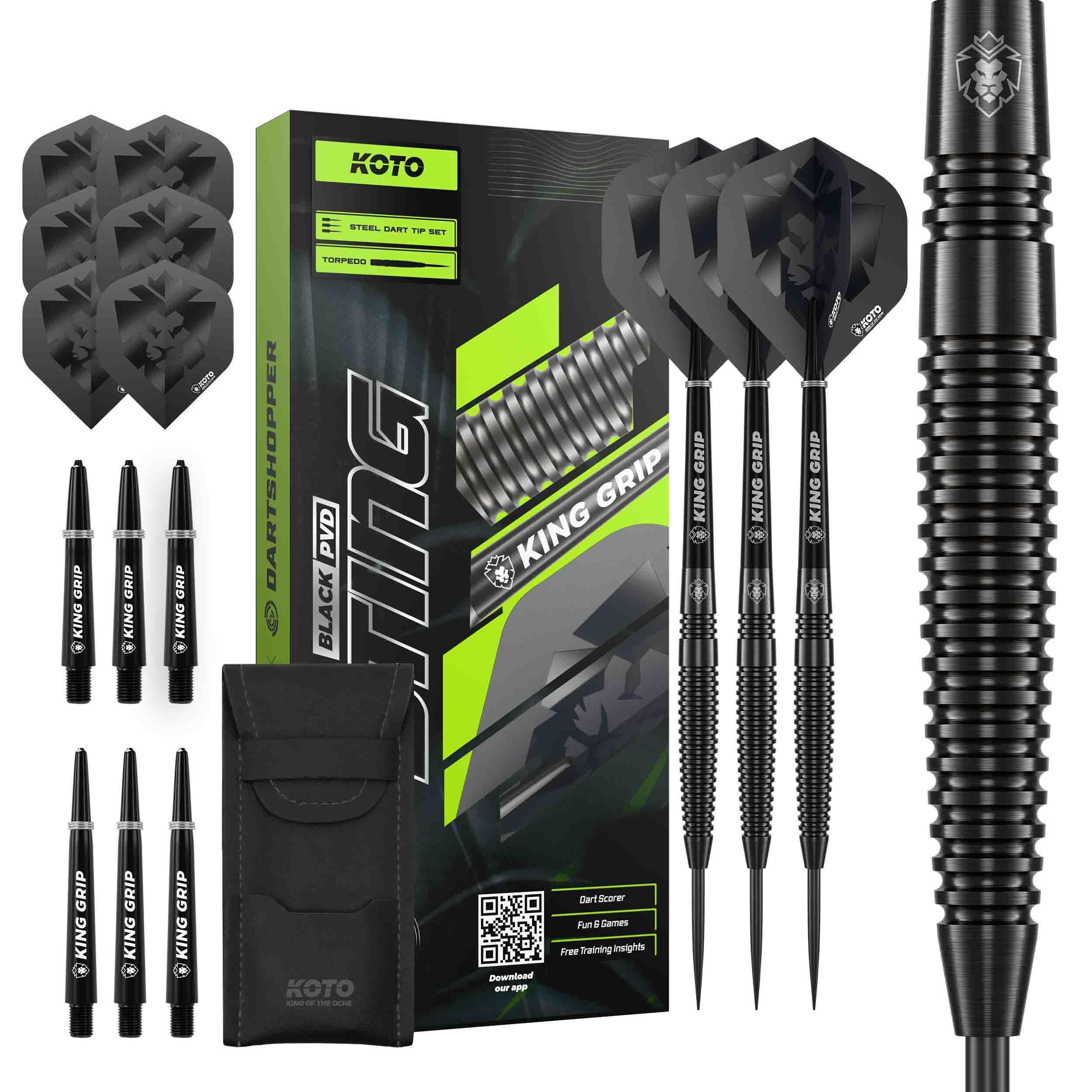 Dardos de acero de 28g Koto Sting Black Torpedo con cañas y plumas de repuesto 8