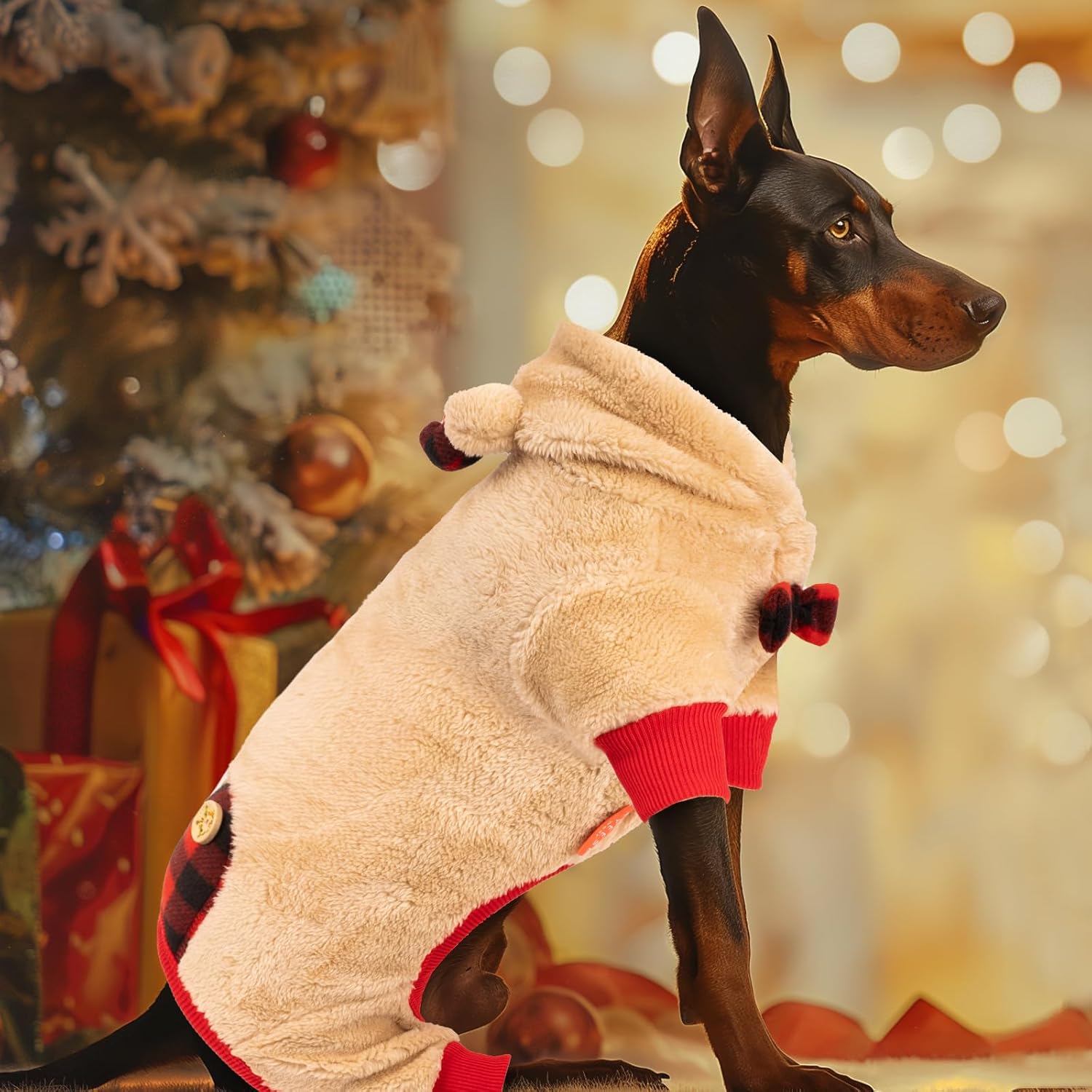 KYEESE Dog Christmas Pajamas with Reindeer Antler Hood, Pet Onesie for Medium Dogs, Plush Red Buffalo Check Soft Warm Dog Pjs, Cozy Winter Sleepwear & Festive Holiday Outfit, XX-Large