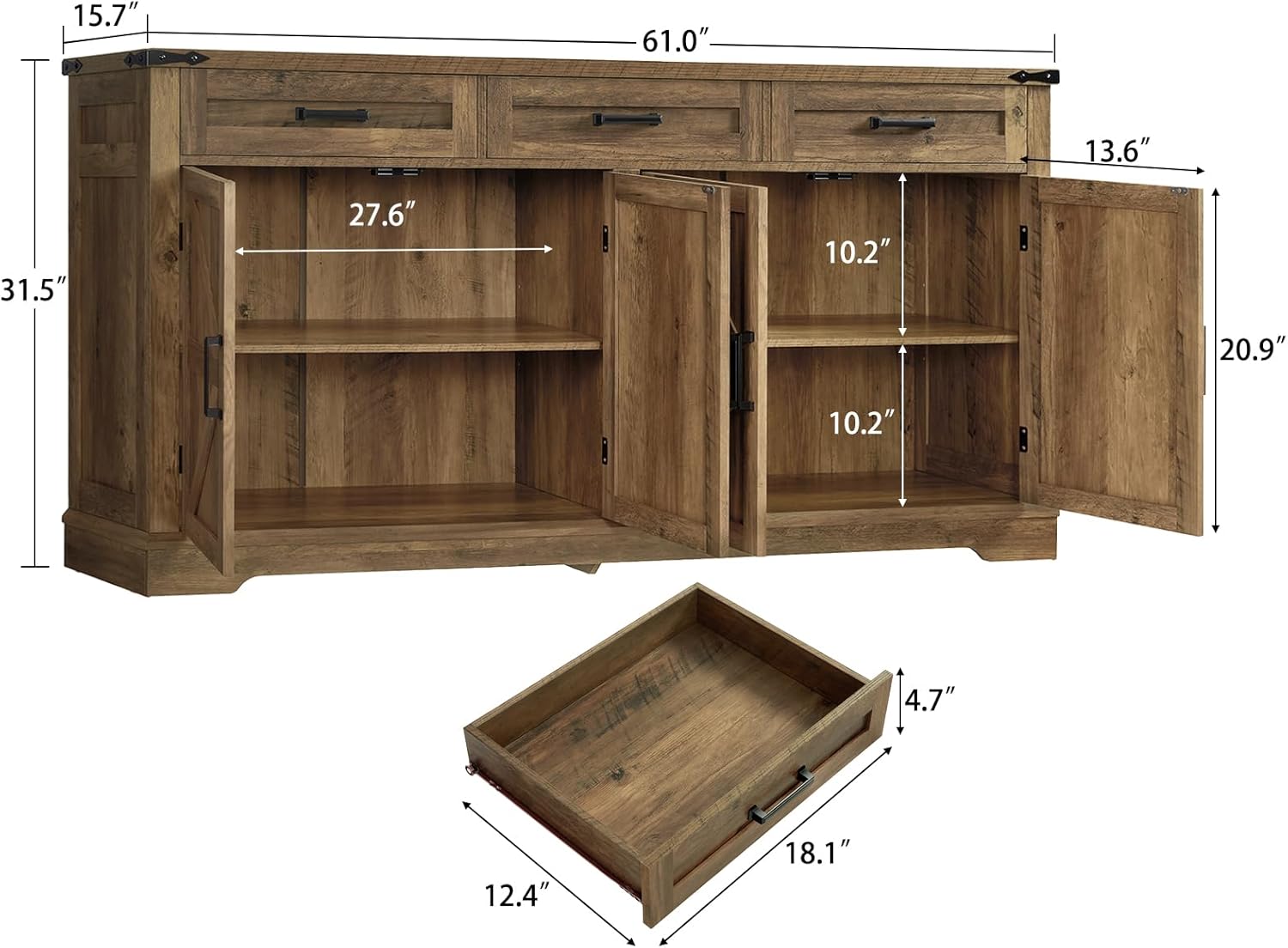 61" Farmhouse Buffet Cabinet with Adjustable Shelves, Sideboard with 3 Drawers & 4 Doors, Rustic Storage Cabinet for Kitchen, Entryway, Coffee Bar, Honey Brown