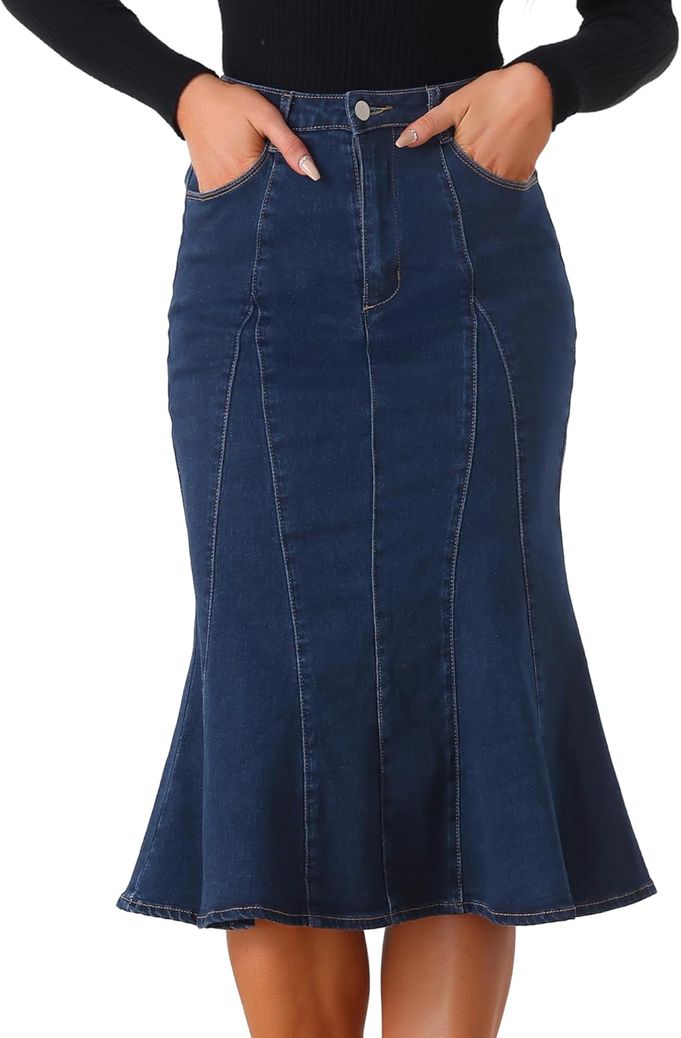 Allegra K Women's Ruffle Denim Skirt Midi Bodycon High Waist Fishtail Jean Skirts